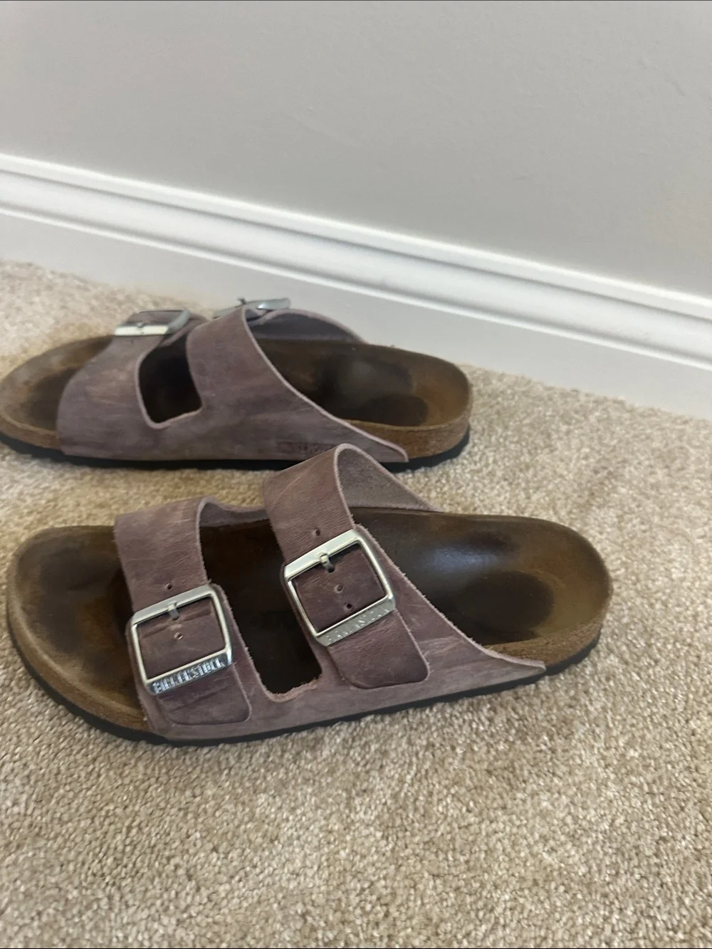 Birkenstock weathered- purple Arizona Sandals with silver Buckles